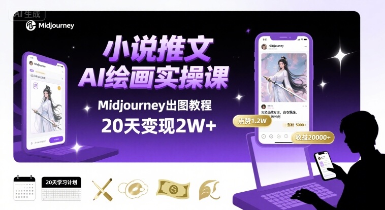 小说推文：干货分享之【AI绘画MJ出图】实操课，用Midjourney做小说推文，20天挣2w（2个半小时直播教学）-AI创作学习-提示词应用-短视频玩法浮光AI学习网