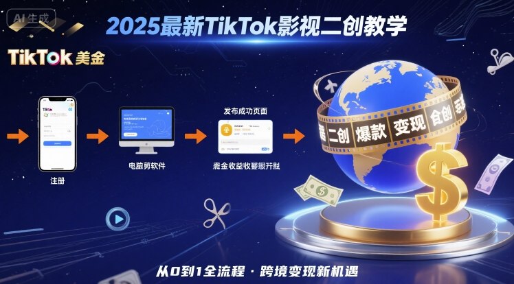 TikTok影视二创教学，从注册到发布撸美金全流程，跨境变现新机遇-AI创作学习-提示词应用-短视频玩法浮光AI学习网